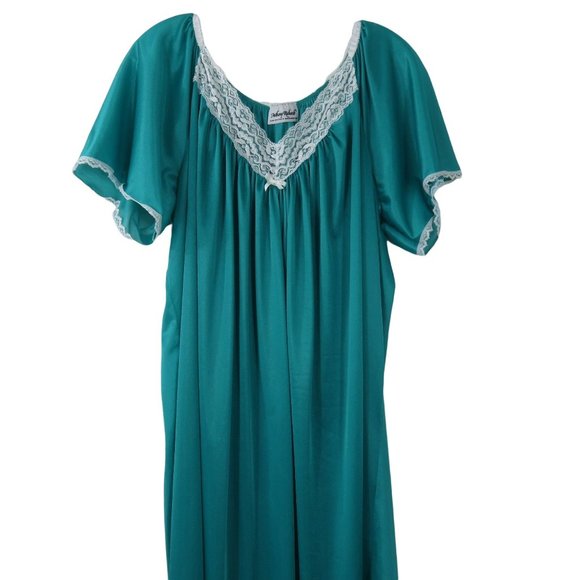 Vintage Anthony Richards Teal Green Nylon Night Gown 2X White Lace Trim - Picture 3 of 10